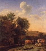 POTTER, Paulus A Landscape with Cows,sheep and horses by a Barn Spain oil painting artist